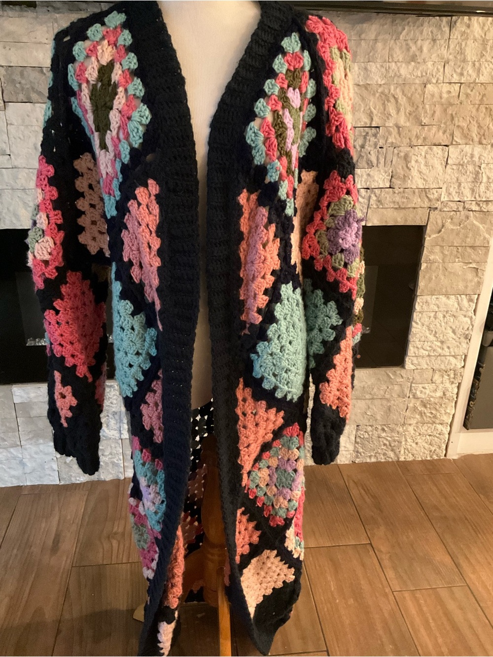 Long Navy Blue Crochet Granny-Square Cardigan with Pastel Accents Size L/ XL